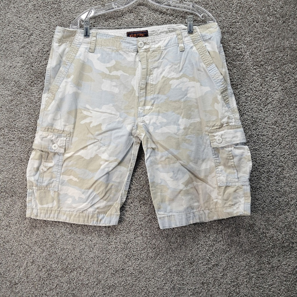 WearFirst Mens Camo Cargo Shorts Size 36 Tan Grey Cotton Utility Hiking 6622